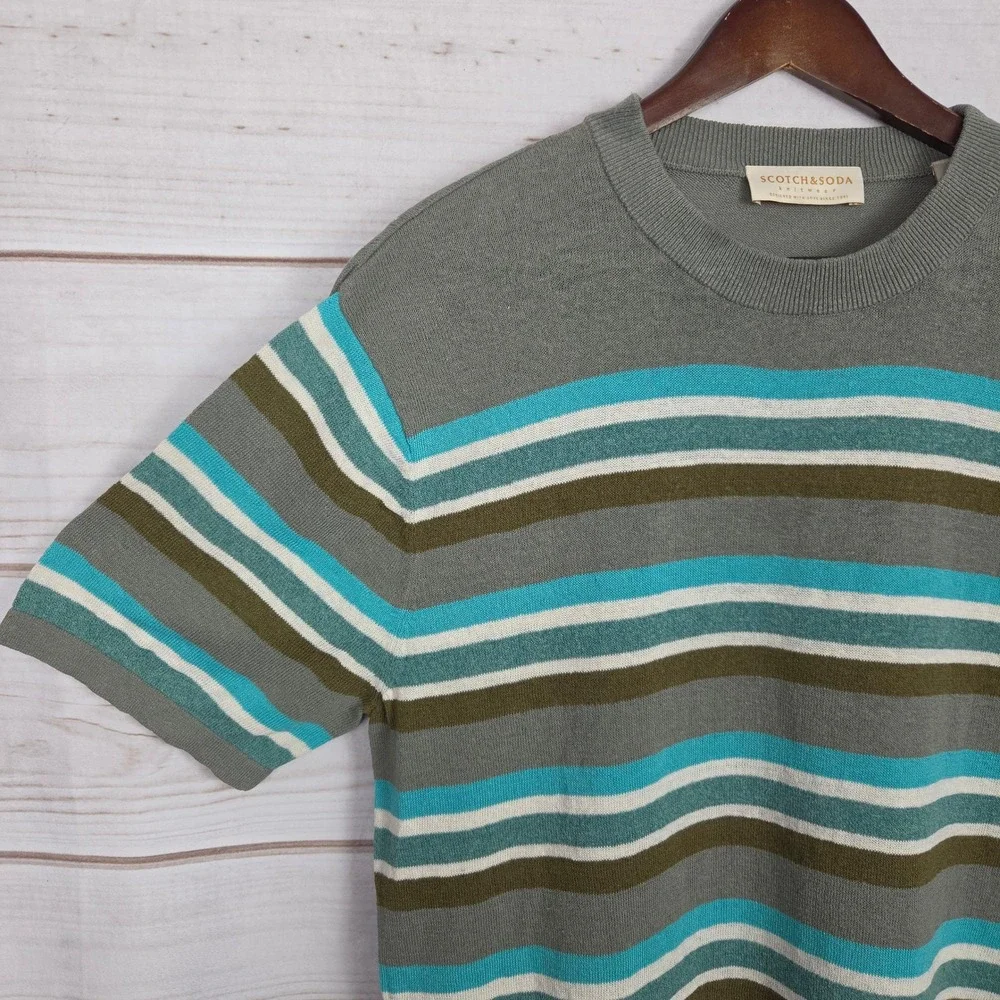 Scotch & Soda Knit Sweater Mens Medium Grey Striped Short Sleeve Linen Blend